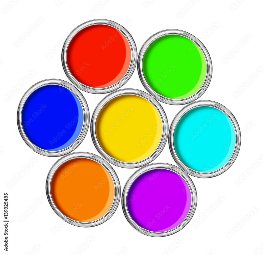 open tin cans with paint and palette isolated on white