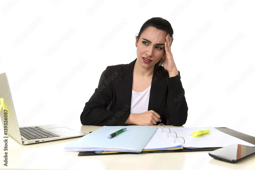 business woman working on laptop at office in stress suffering intense headache migraine business woman working on laptop at office in stress suffering intense headache migraine