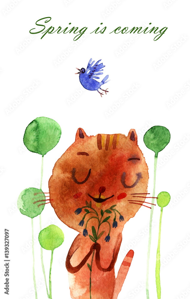 Watercolor illustration of spring cat Stock Illustration | Adobe Stock