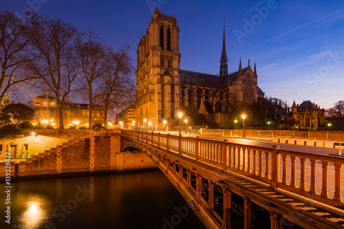 Notre Dame de Paris cathedral at dawn with the Pont au Double and the Seine River. Ile de La Cite. 4th Arrondissement, Paris, France