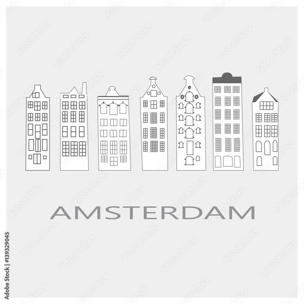 An illustration of a row of typical dutch canal houses in Amsterdam, the Netherlands. Stylized facades of old buildings.