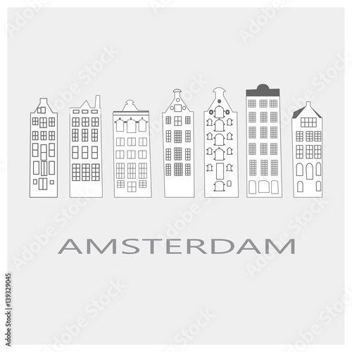 An illustration of a row of typical dutch canal houses in Amsterdam, the Netherlands. Stylized facades of old buildings.