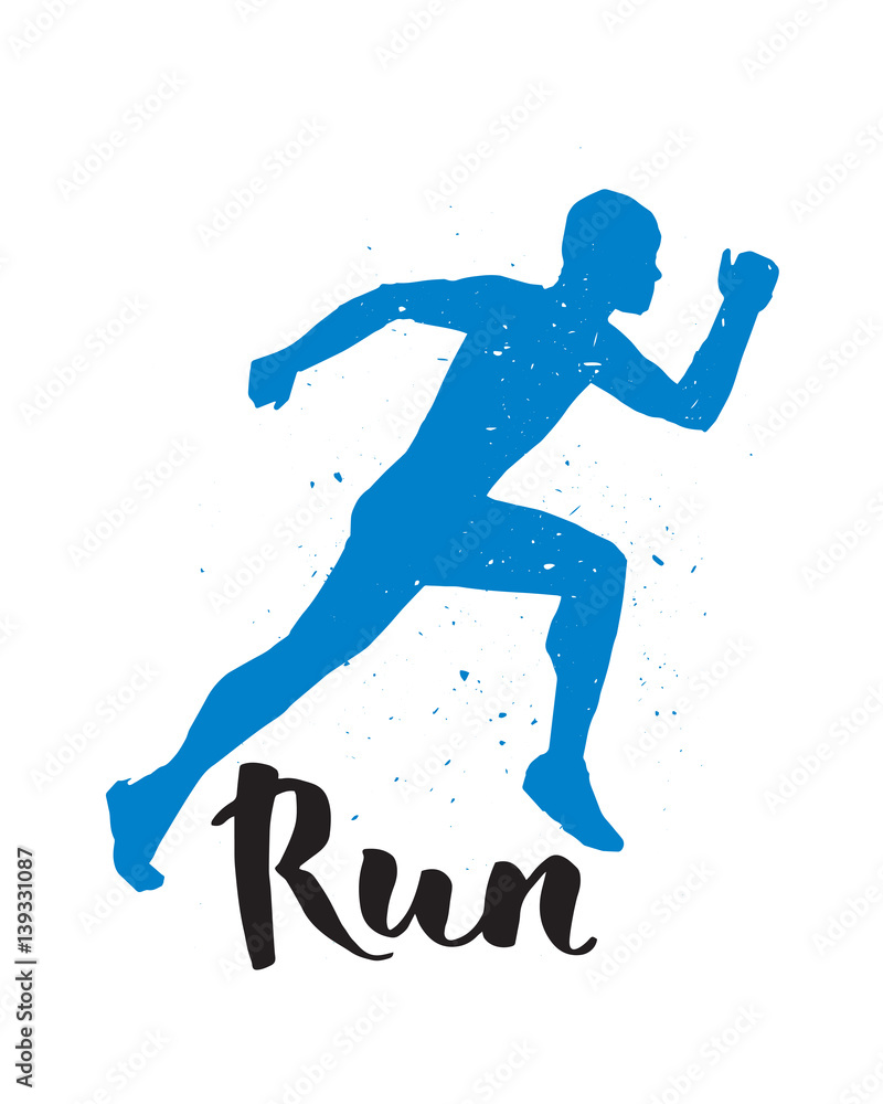 Fototapeta premium Running runner man marathon logo jogging emblems label and fitness training athlete symbol sprint motivation badge success work isolated vector illustration.