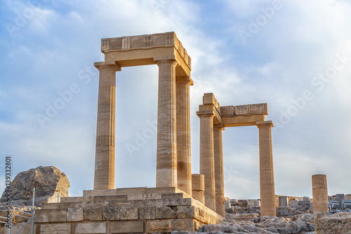 Ancient column in Acropolis of Lindos. Rhodes, Dodecanese Islands, Greece, Europe