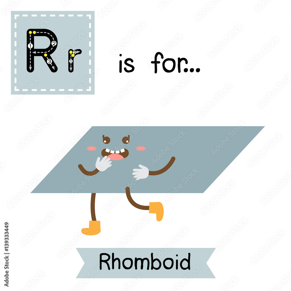 Letter R cute children colorful geometric shapes alphabet tracing flashcard of Rhomboid for kids learning English vocabulary.