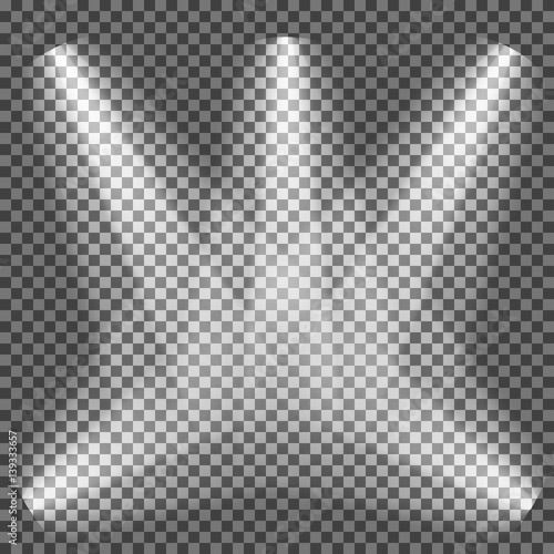 Realistic white gray glowing spotlights on transparent laid background