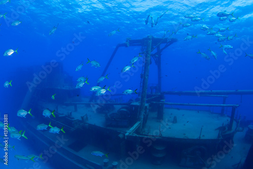 This sunken ship is the Kittiwake in Grand Cayman. The ex US naval vessel was submerged deliberately in the clear warm water to create a tourist snorkel and scuba dive site