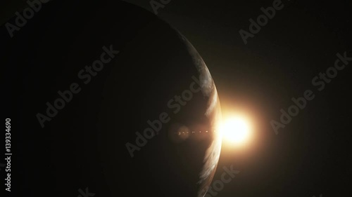 Jupiter with beautiful sunrise from space with stars.