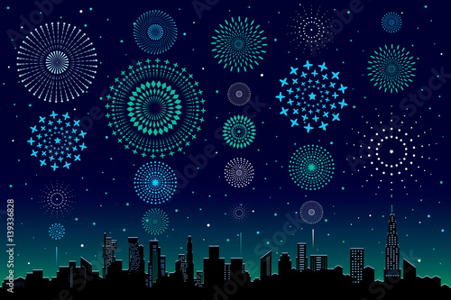 Vector illustration of a festive fireworks display over the city at night scene for holiday and celebration background design.