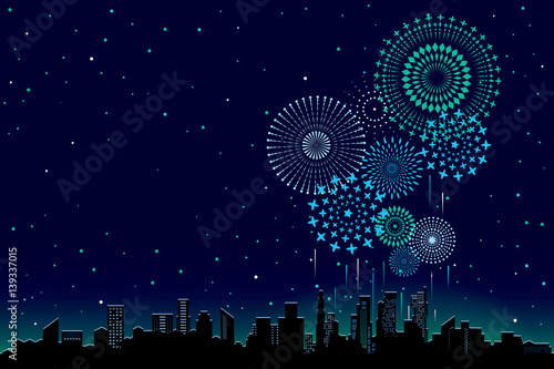 Vector illustration of a festive fireworks display over the city at night scene for holiday and celebration background design.