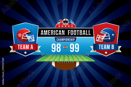 Vector of American football team with scoreboard on green field background.