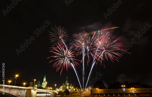 Fireworks over the Moscow Kremlin at night. View of the Moscow River, Russia © Shchipkova Elena