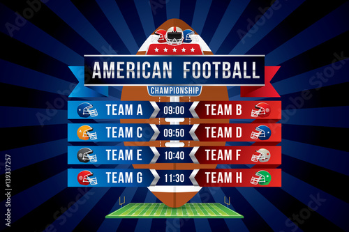 Vector of American football team with scoreboard on green field background.