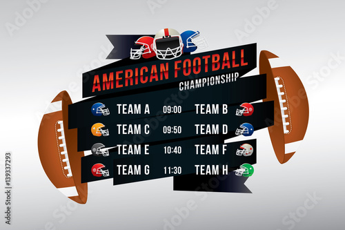 Vector of American football team with scoreboard on green field background.