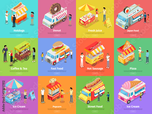 Street Food Stores Isometric Vector Banners