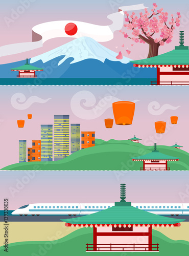 Fototapeta Naklejka Na Ścianę i Meble -  Japan Travelling Banner. Japanese Landmarks
