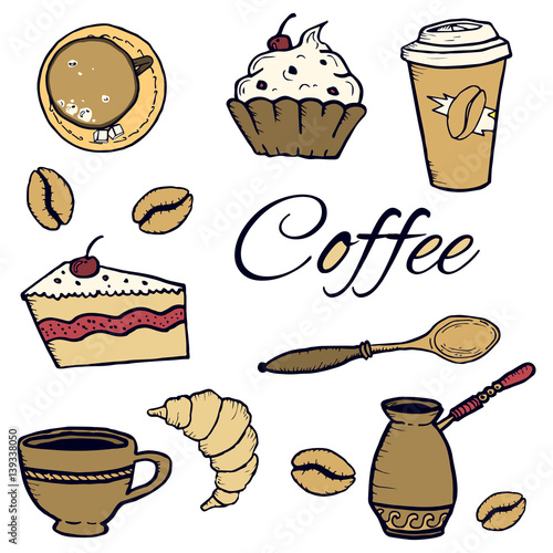 Vector colored coffee set: cezve, cup, spoon, coffee, muffin, croissant, paper cup. Sketch. Isolated image. For cafes, shops, web, print.