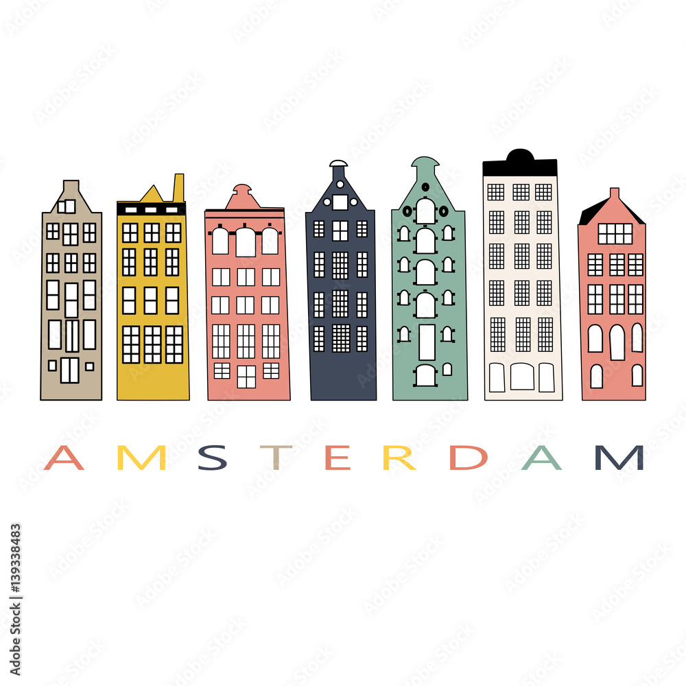 Fototapeta premium An illustration of a row of typical dutch canal houses in Amsterdam, the Netherlands. Stylized facades of old buildings in pastel colors