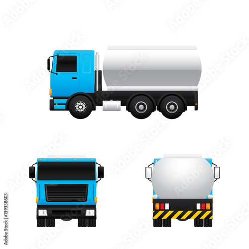 Vector of tank truck in different views isolated on white background.