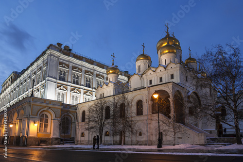 The Annunciation cathedral of the Moscow Kremlin in winter evening, Moscow, Russia
