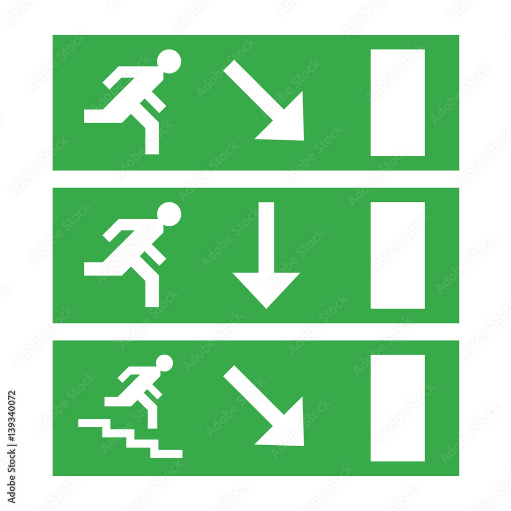 Green emergency exit sign on white isolated. Fire door man security with arrows. Help in dangerous situations. Green emergency exit sign on white isolated. Fire door man security with arrows. Help in dangerous situations.