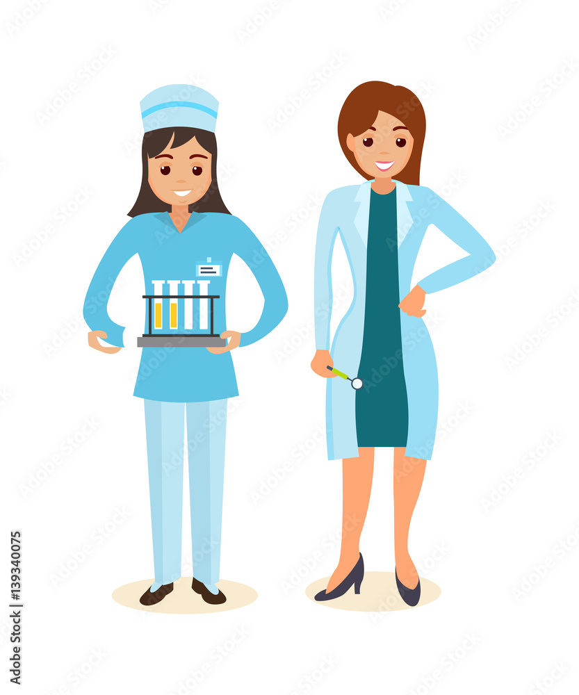 Doctor and therapist standing beside nurse with analysis and research.