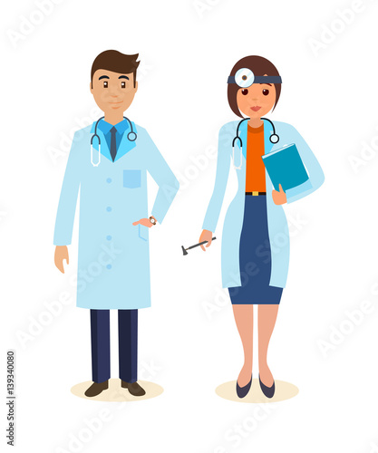 Doctor surgeon in gown, ENT with tools and research results.
