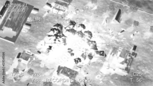 Missile hits the terrorist base, view from the drone. video quality is degraded specifically for more realism. 3d animation photo