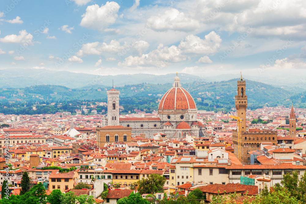cityscape with cathedral church Santa Maria del Fiore and Palazzo Vecchio, Florence, Italy