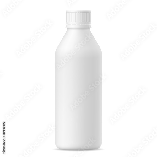 3d mock up of plastic bottle with lid on white background. Vector illustration of package for liquid. Template for your design.