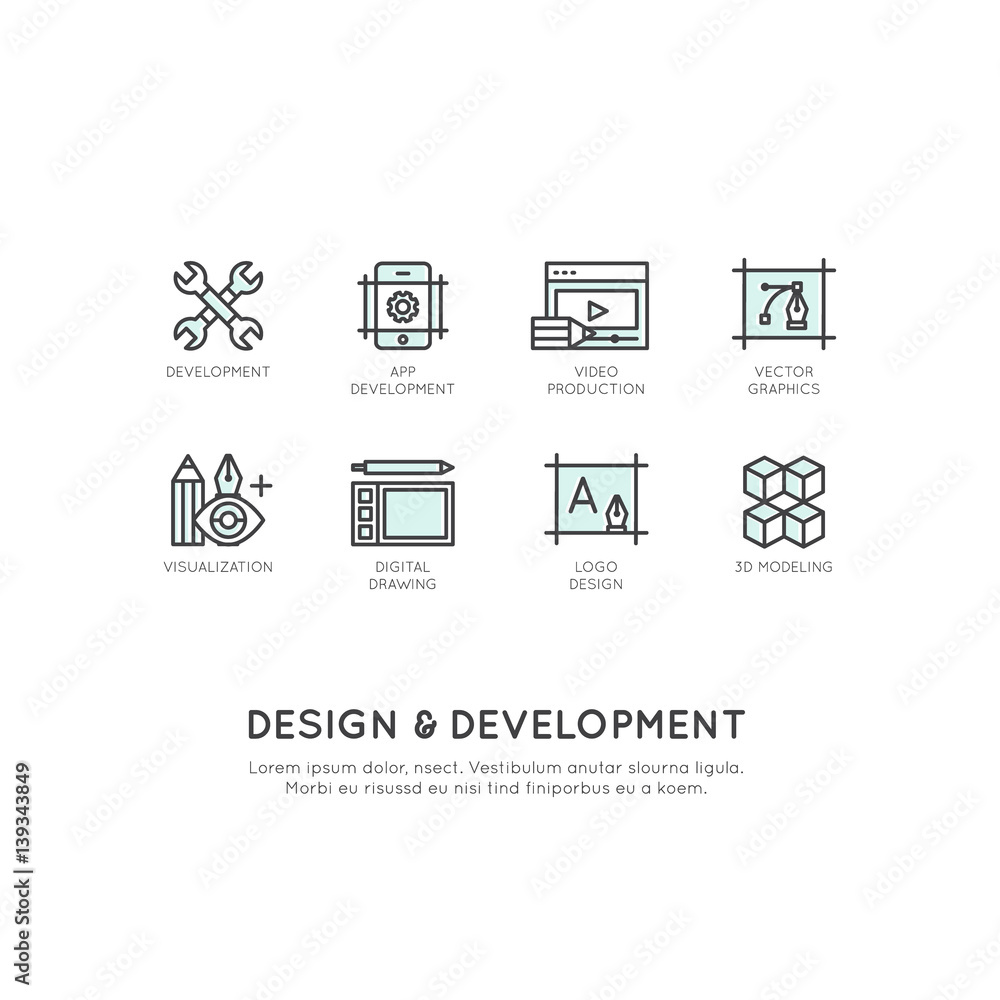 Vector Icon Style Illustration of Design and Development Tools, App, Web and Computer Developing, Isolated Simple Template