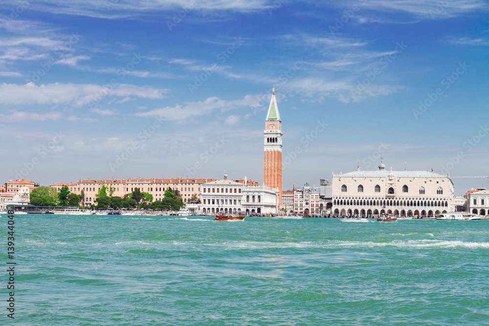 famous San Marco square embankmont and lagoon waterfront at sunny day, Venice, Italy