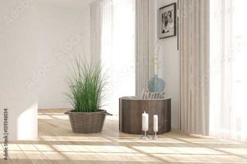 Fototapeta Naklejka Na Ścianę i Meble -  White modern room with table. Scandinavian interior design. 3D illustration