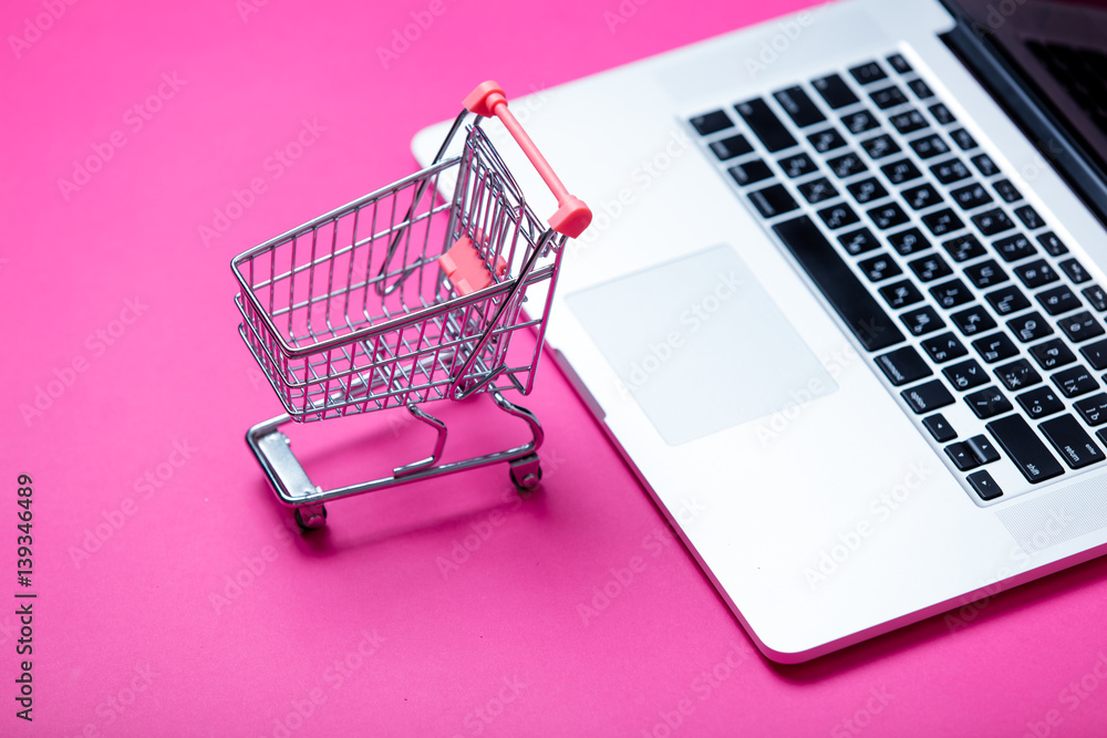 beautiful shopping cart and cool laptop on the wonderful pink background