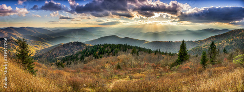 Fotografie, Obraz Scenic sunset over Smoky Mountains from the Blue Ridge Parkway in North Carolina