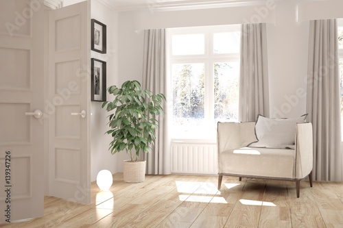 White room with armchair and winter landscape in window. Scandinavian interior design. 3D illustration