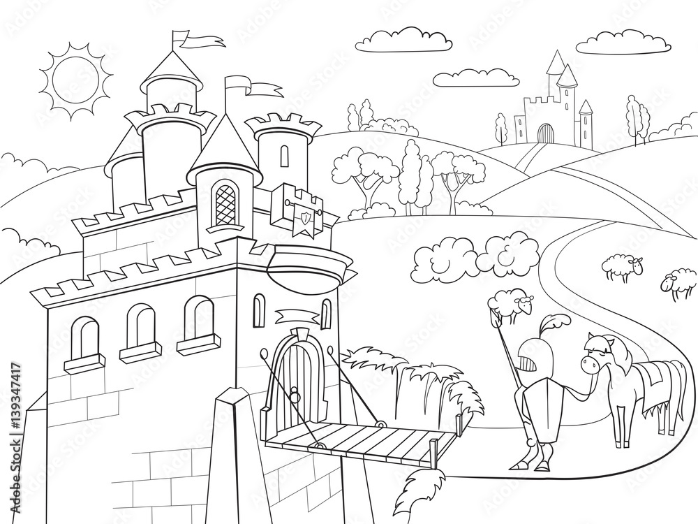 Kids Coloring cartoon knightly castle vector
