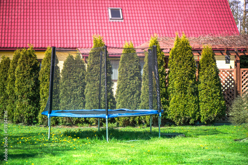 An outdoor blue and black jumping trampoline with safety net in backyard, in garden on sunny summer day. Enjoying vacation at guest house on countryside. Green juniper trees in a row. Sport activities