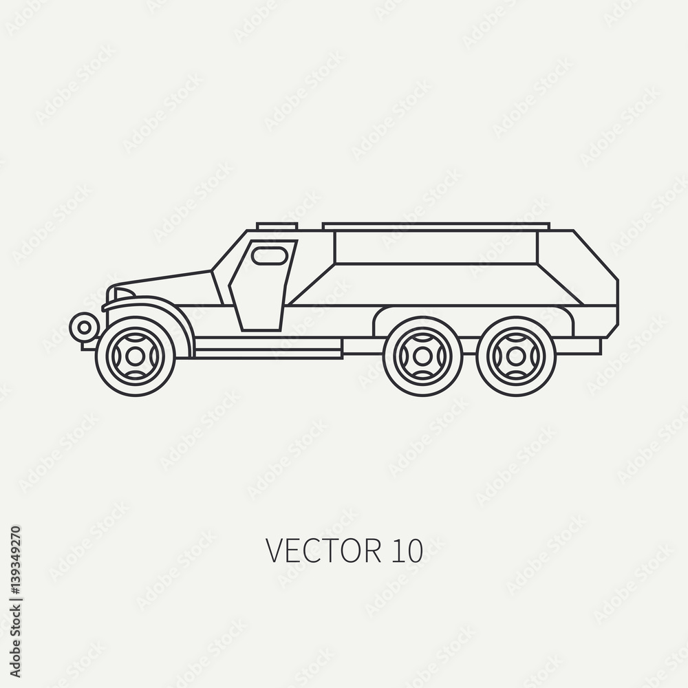 Line flat plain vector icon infantry assault armored army truck. Military vehicle. Cartoon vintage style. Transport soldiers. Tractor unit. Tow auto. Simple. Illustration and element for your design.