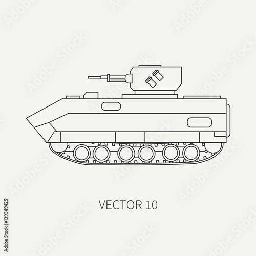 Line flat plain vector icon infantry assault armored army truck. Military amphibious vehicle. Cartoon vintage style. Soldiers. Tractor unit. Tow auto. Simple. Illustration and element for your design.