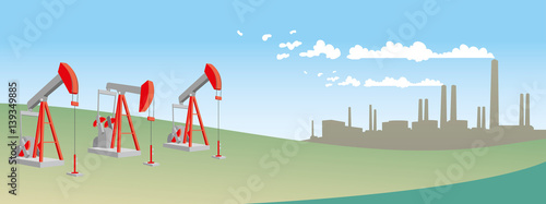 Oil pump on field with refinery - petroleum industry equipment