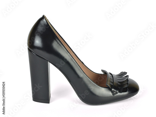 Black elegant leather high heel shoe on white