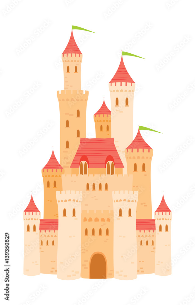 Medieval cartoon castle with orange walls and towers on white background. Flat vector illustration