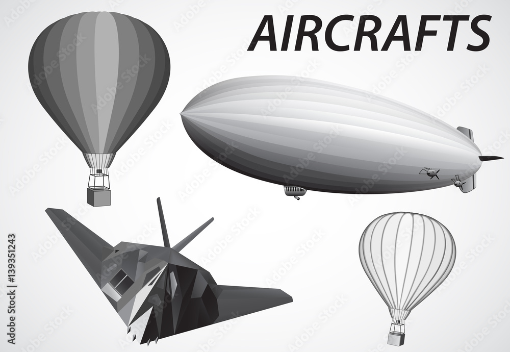 Naklejka premium Aircraft. Airship, Stealth and Hot Air Balloon. Vector illustration