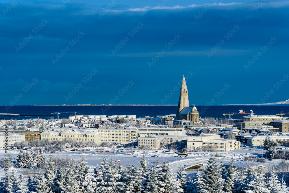 Fototapeta View over Reykjavik in winter - breathtaking Iceland in winter - amazing landscapes, storms and blizzards - photographers paradise