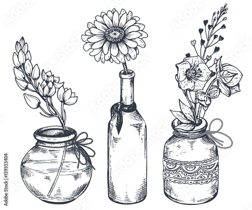 Bouquets with hand drawn flowers and plants in vases  jars.