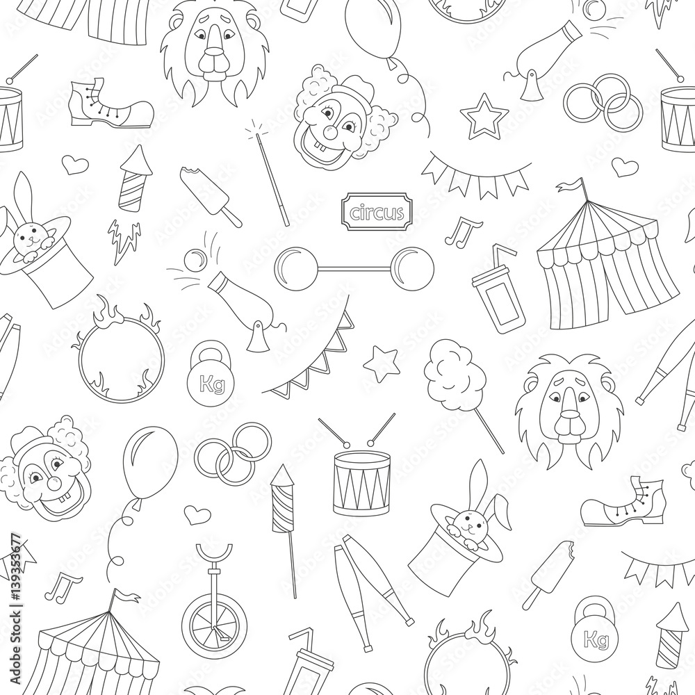 Seamless pattern on the theme of circus, simple contour icons, black contour on white background Seamless pattern on the theme of circus, simple contour icons, black contour on white background