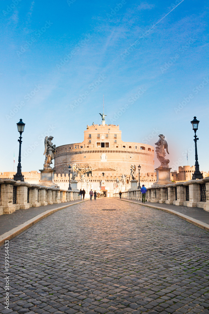 view of castle saint Angelo and brick bridge pavement, Rome, Italy