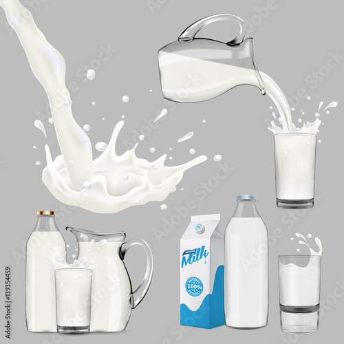 Set of splashing and pouring milk, bottle, jug, glass, packaging carton, all objects isolated and can be edited separately