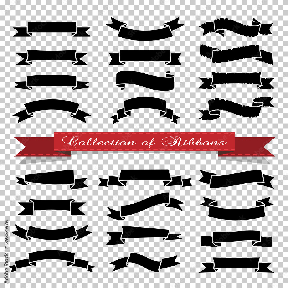 Black ribbons banners on transparent background